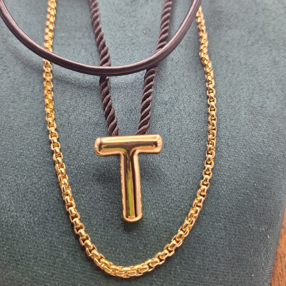 Black Cord & Gold Layered Necklace T Bar Pendant NWT